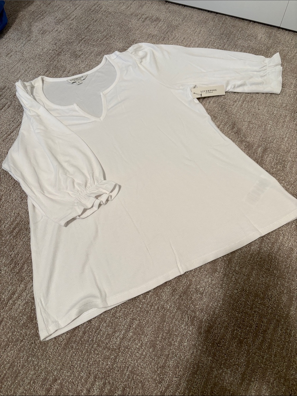 Liverpool White Puff-Sleeve Notch-Neck Tee